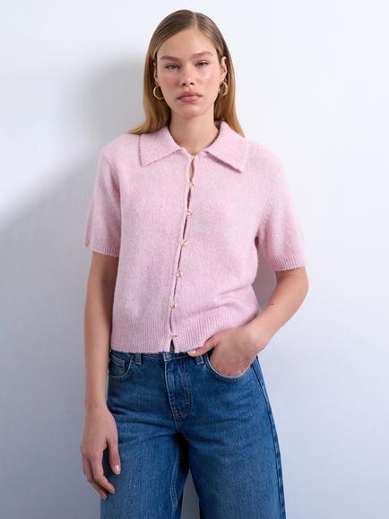 Topshop Button Down Short Sleeve Cardigan, Pink