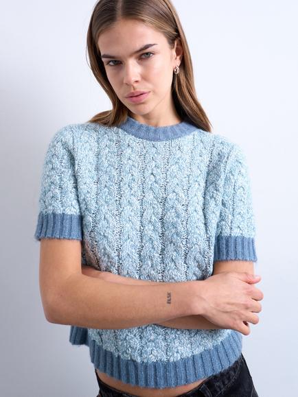 Topshop Cable Knit Short Sleeve Jumper, Blue Multi, Blue Multi
