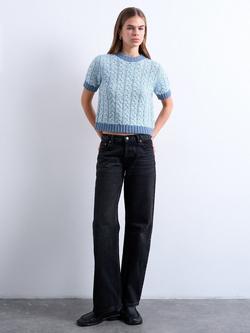 Topshop Cable Knit Short Sleeve Jumper, Blue Multi - view 2, Blue Multi
