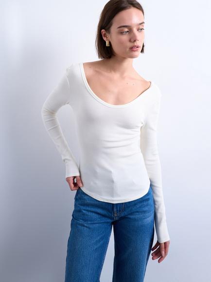 Topshop Scoop Neck Curved Hem Top, White, White