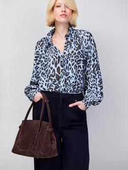 Ro&Zo Ruffle Neck Leopard Print Shirt, Blue, Blue