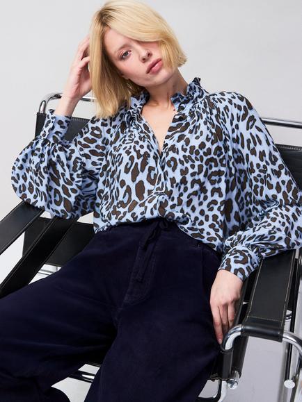 Ro&Zo Ruffle Neck Leopard Print Shirt, Blue - view 2, Blue