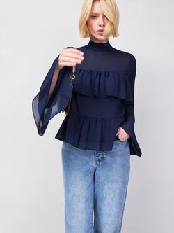 Ro&Zo Frill Trim Long Sleeve Top, Blue - view 2, Blue
