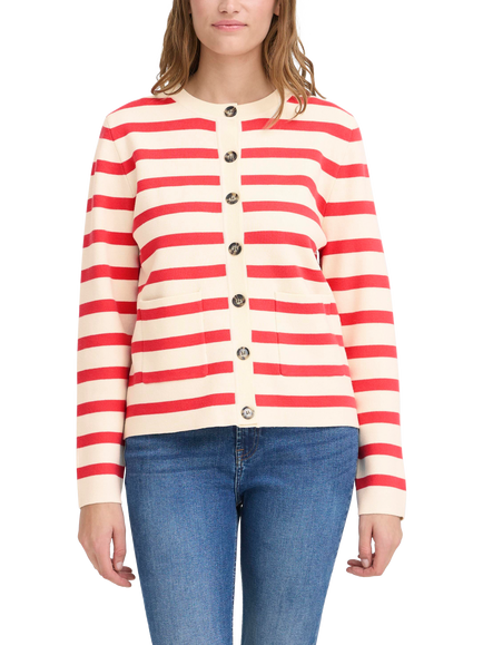 ICHI Boston Patch Pocket Stripe Cardigan, Birch White/Teaberry, Birch White/Teaberry