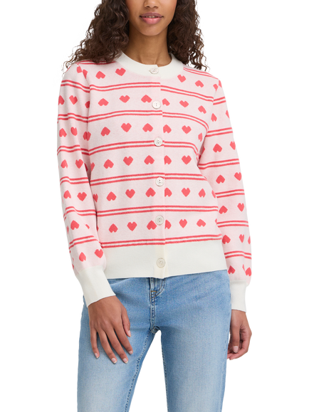 ICHI Brielle Heart Stripe Cardigan, Birch/Teaberry, Birch/Teaberry