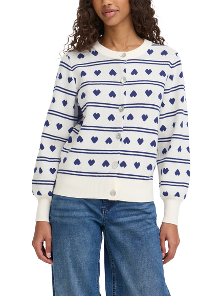 ICHI Brielle Heart Stripe Cardigan, Blue/Birch, Blue/Birch