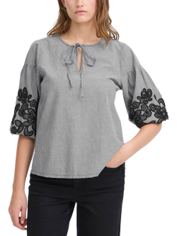 ICHI Ihfloza Tie-Neck Cotton Blouse, Eclipse, Eclipse