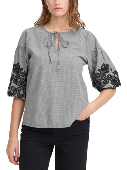 ICHI Ihfloza Tie-Neck Cotton Blouse, Eclipse, Eclipse
