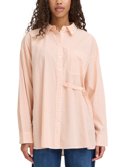ICHI Ihfluca Oversized Collared Stripe Shirt, Burnt Ochre Stripe, Burnt Ochre Stripe