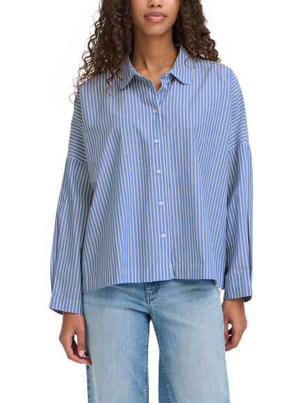 ICHI Giley Stripe Boxy Shirt, Birch/Blue