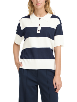 ICHI Luls Stripe Knit Polo Shirt, Total Eclipse/White, Total Eclipse/White