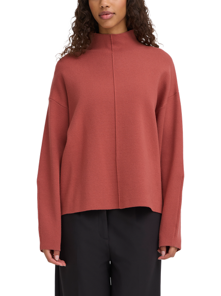 ICHI Ballia Funnel Neck Seam Detail Jumper, Red Cowhide, Red Cowhide