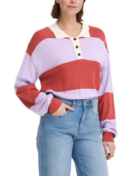 ICHI Boston Stripe Polo Jumper, Purple/Rose