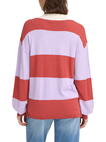 ICHI Boston Stripe Polo Jumper - view 2, Purple/Rose