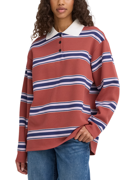 ICHI Ophia Stripe Oversized Rugby Shirt, Cowhide/Total Eclipse, Cowhide/Total Eclipse