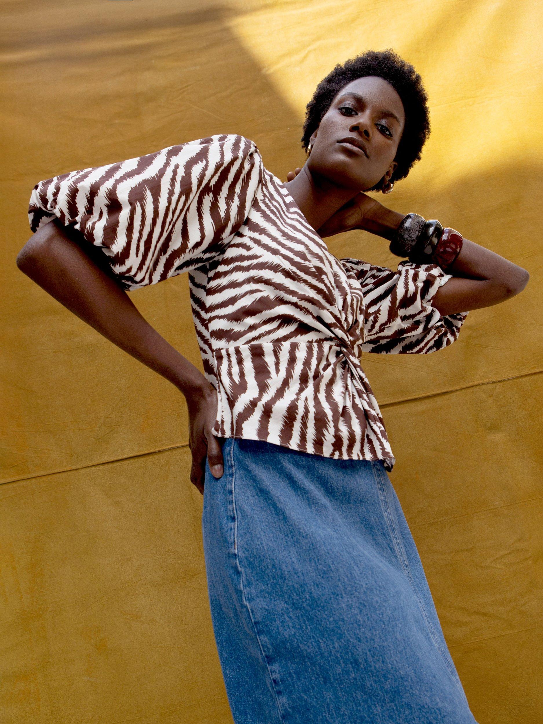 Product image 2 of 5, which shows Ro&Zo Zebra Print Twist Front Top, Brown/Multi, 14