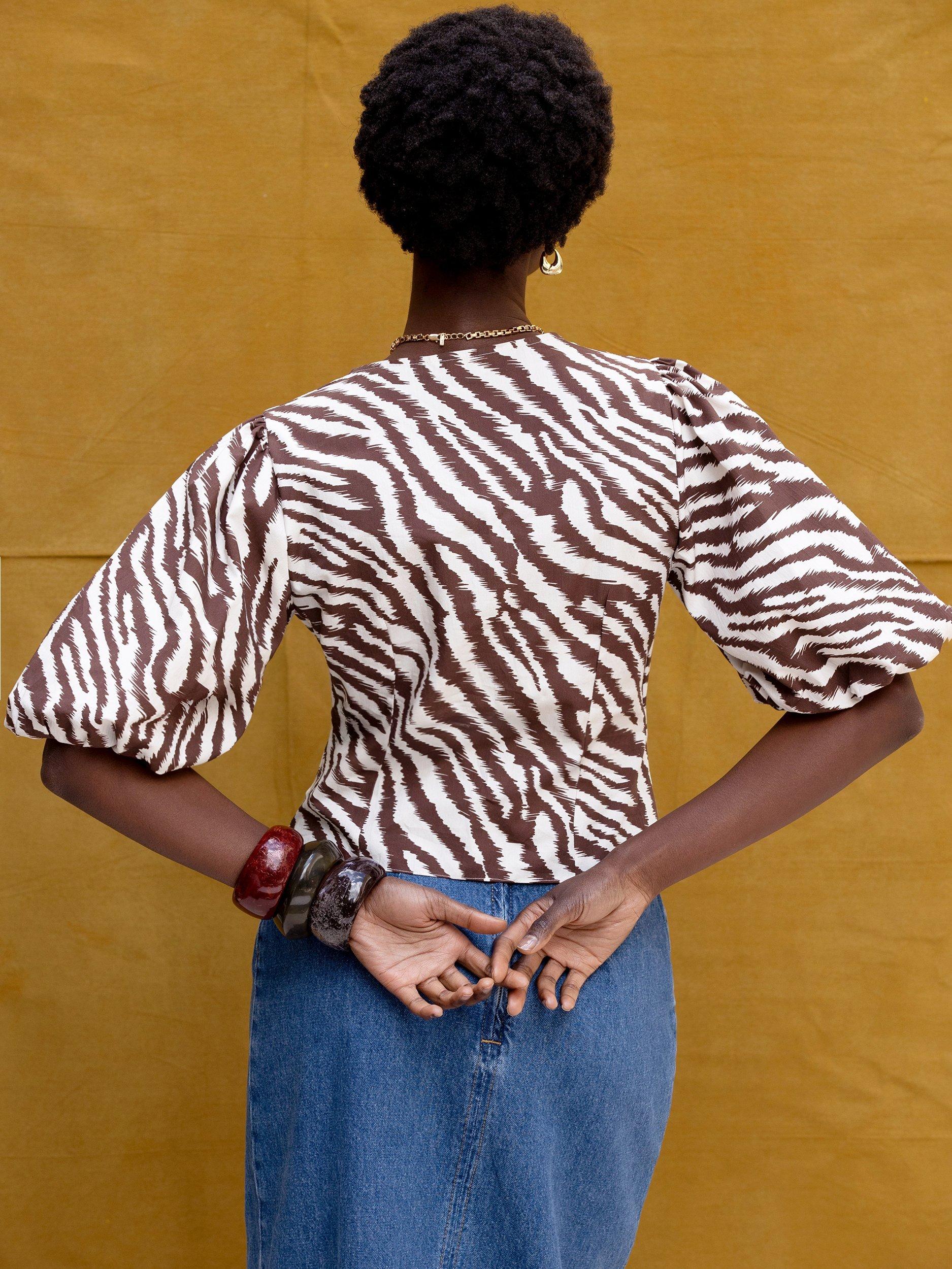 Product image 5 of 5, which shows Ro&Zo Zebra Print Twist Front Top, Brown/Multi, 14