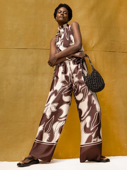 Ro&Zo Swirl Border Print Trousers, Brown/Cream, Brown/Cream