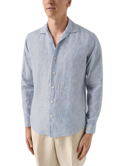 Eton Italian Linen Striped Long Sleeve Shirt, Dark Blue, Dark Blue
