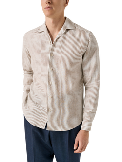 Eton Italian Linen Striped Long Sleeve Shirt, Beige, Beige