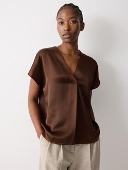 Jigsaw Pleat Front Satin Top, Brown, Brown