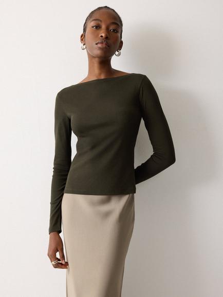 Jigsaw Slash Neck Ribbed Top, Khaki, Khaki