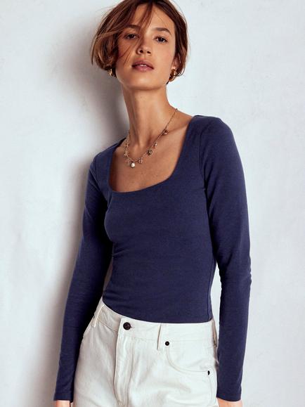 Boden Double Layer Square Neck Top, Navy, Navy