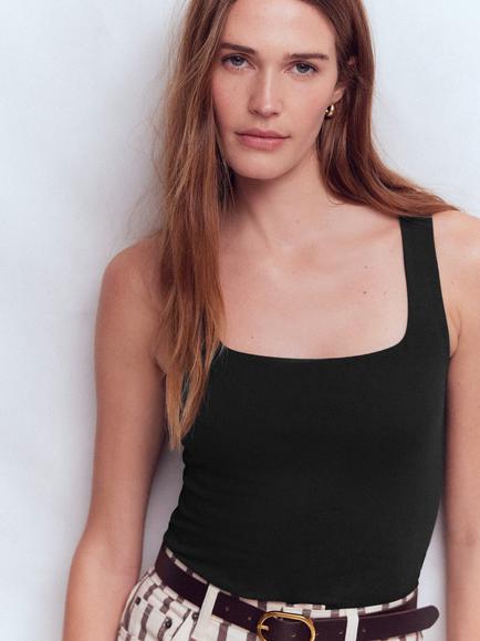 Boden Double Layer Square Neck Vest Top, Black - view 2, Black