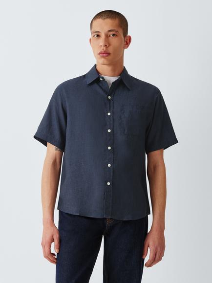 Colorful Standard Regular Fit Short Sleeve Linen Shirt, Navy Blue