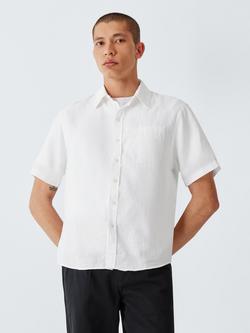 Colorful Standard Regular Fit Short Sleeve Linen Shirt, Navy Blue, Optical White