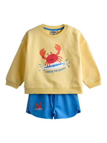 JoJo Maman Bébé Kids' Crab Sweatshirt and Shorts Set, Light Yellow, Light Yellow