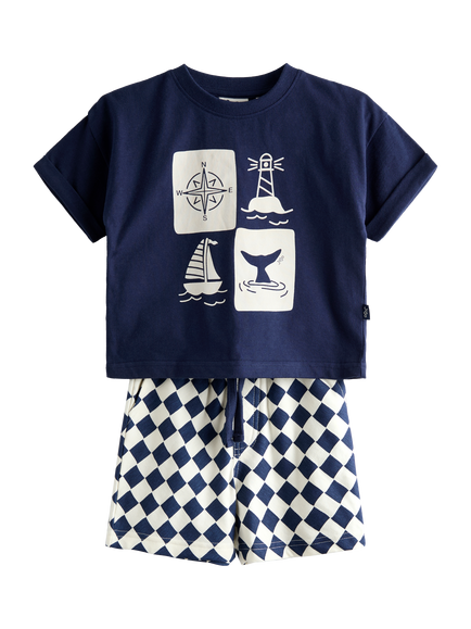 JoJo Maman Bébé Kids' Printed T-Shirt and Shorts Set, Navy Blue, Navy Blue