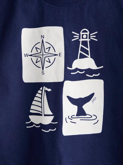 JoJo Maman Bébé Kids' Printed T-Shirt and Shorts Set, Navy Blue - view 2, Navy Blue