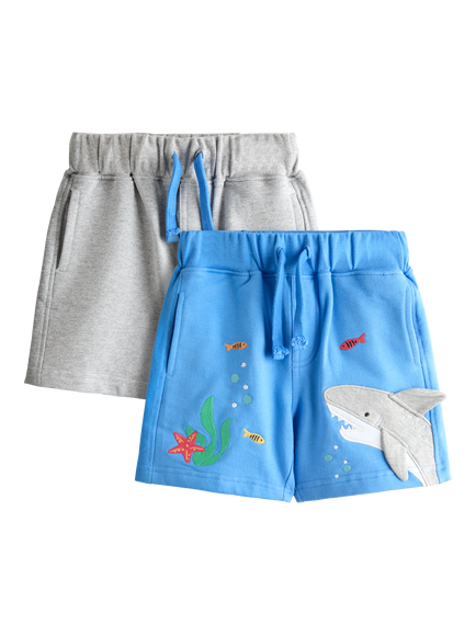 JoJo Maman Bébé Kids' Appliqué & Plain Shorts, Pack of 2, Mid Blue, Mid Blue