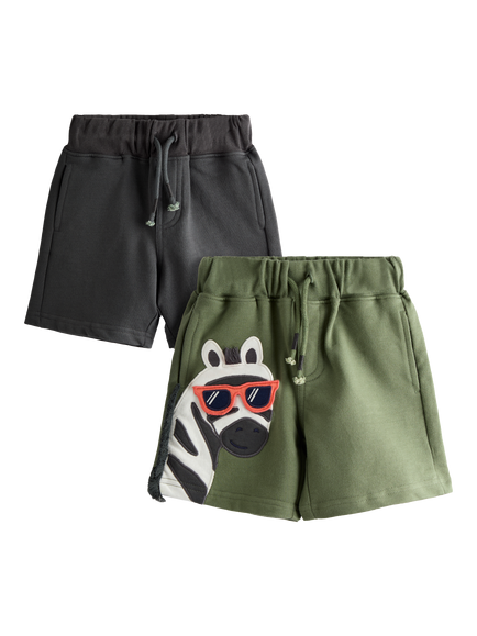 JoJo Maman Bébé Kids' Zebra Applique & Plain Shorts, Pack of 2, Khaki Green, Khaki Green