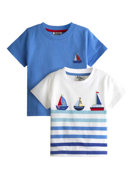 JoJo Maman Bébé Kids' Short Sleeve Boat T-Shirt, Pack of 2, Indigo Blue, Indigo Blue