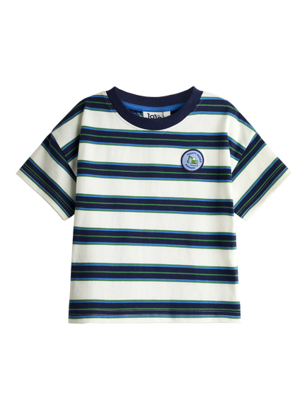 JoJo Maman Bébé Kids' Digger Applique Striped T-Shirt, Cobalt Blue, Cobalt Blue