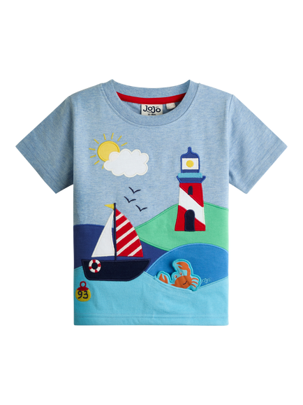 JoJo Maman Bébé Kids' Lighthouse Scene Appliqué T-Shirt, Light Blue Marl, Light Blue Marl