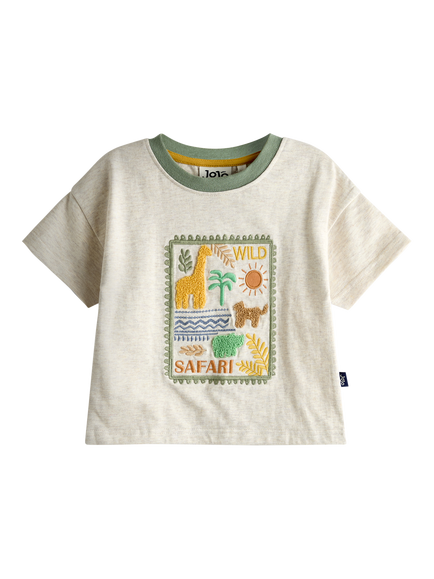 JoJo Maman Bébé Kids' Safari Stamp Embroidered T-Shirt, Natural Marl, Natural Marl
