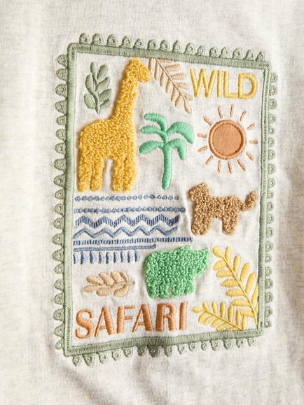 JoJo Maman Bébé Kids' Safari Stamp Embroidered T-Shirt, Natural Marl - view 2, Natural Marl