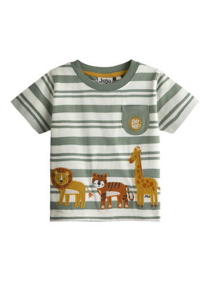 JoJo Maman Bébé Kids' Stay Wild Embroidered T-Shirt, Khaki Green, Khaki Green