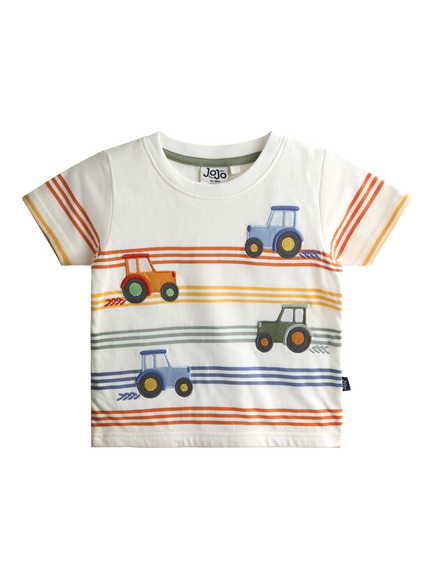 JoJo Maman Bébé Kids' Tractor Stripe Appliqué T-Shirt, Cream, Cream