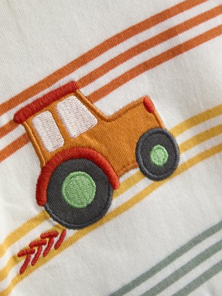 JoJo Maman Bébé Kids' Tractor Stripe Appliqué T-Shirt, Cream - view 2, Cream