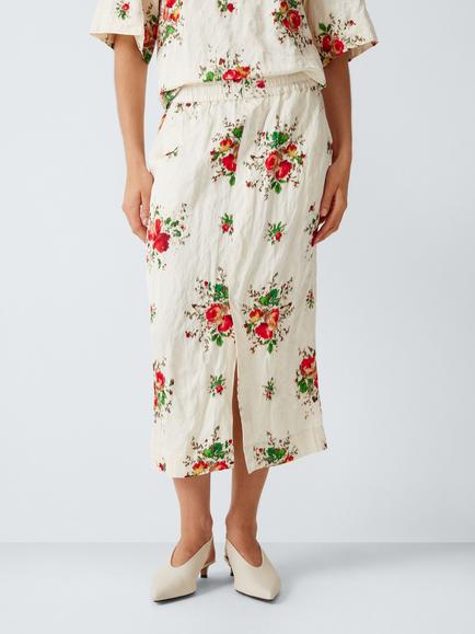 John Lewis Bouquet Floral Print Midi Skirt, White Print, White Print