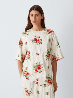 John Lewis Bouquet Floral Print Short Sleeve Top, White Print, White Print