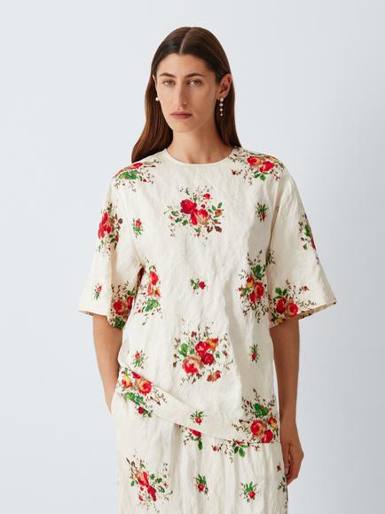 John Lewis Bouquet Floral Print Short Sleeve Top, White Print, White Print