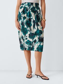 John Lewis Blurred Floral Print Cotton Pencil Skirt, Teal Mix Print, Teal Mix Print