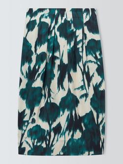 John Lewis Blurred Floral Print Cotton Pencil Skirt, Teal Mix Print, Teal Mix Print