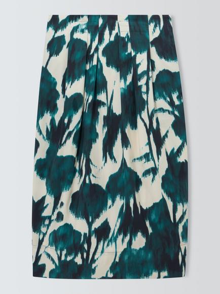 John Lewis Blurred Floral Print Cotton Pencil Skirt, Teal Mix Print, Teal Mix Print