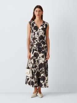 John Lewis Sleeveless V-Neck Floral Print Midi Dress, Mono Print, Mono Print